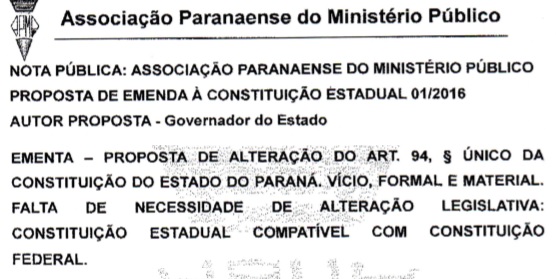 Associação Paranaense do Ministério Público se manifesta contra PEC01/2016